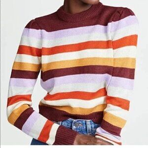 WAYF Striped Puff Sleeve Crew Neck Sweater Plum Lilac Red Orange Light Grey